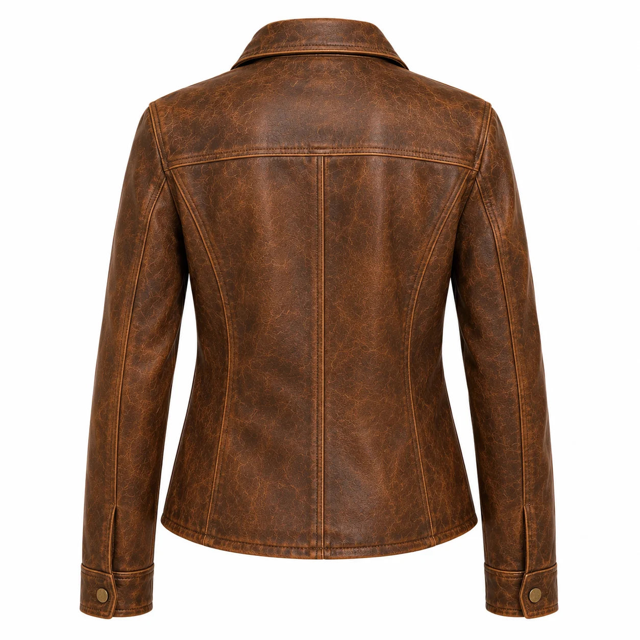 Vintage-style leather jacket for women, natural patina finish, back view