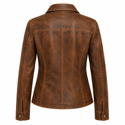 Vintage-style leather jacket for women, natural patina finish, back view