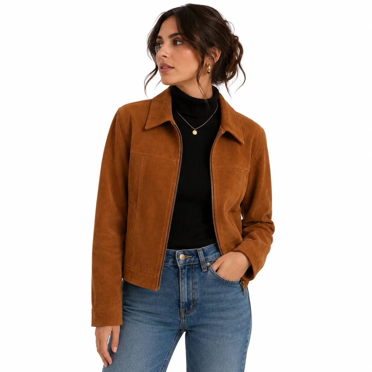Woman wearing caramel suede structured jacket over black turtleneck, styled with denim