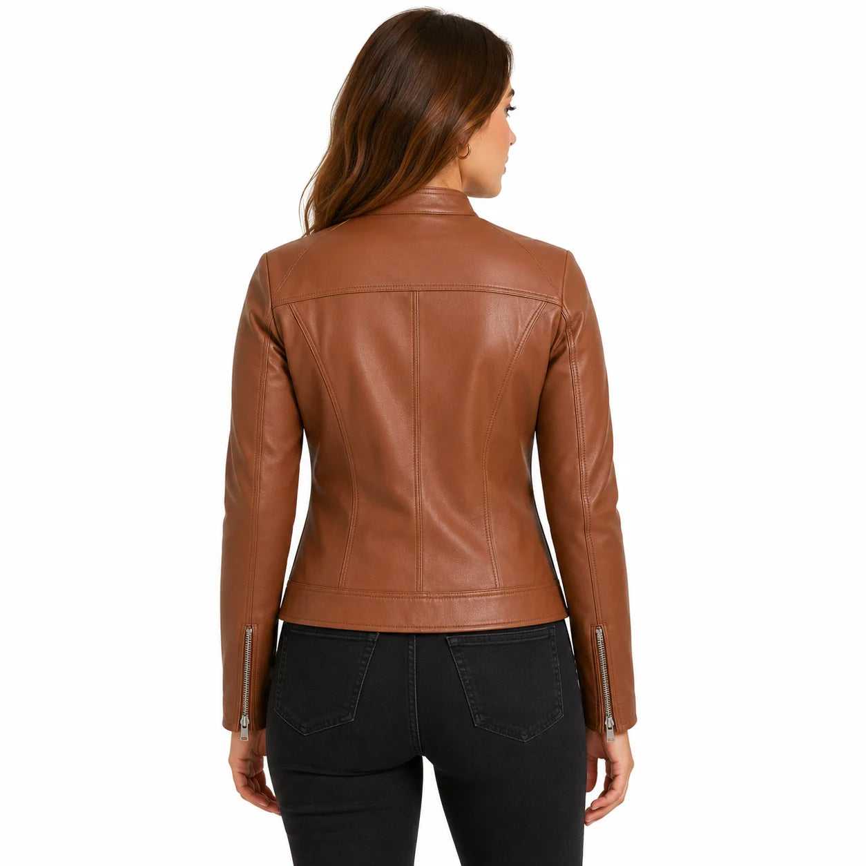 Cognac leather café racer jacket for women, minimal seaming, back view