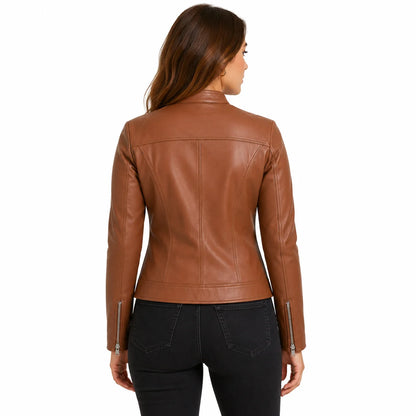 Cognac leather café racer jacket for women, minimal seaming, back view