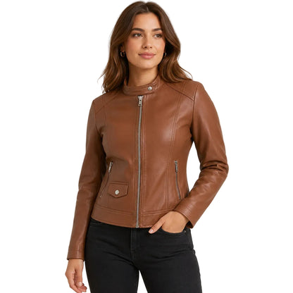 Woman wearing slim-fit café racer leather jacket over fitted knit, styled with jeans