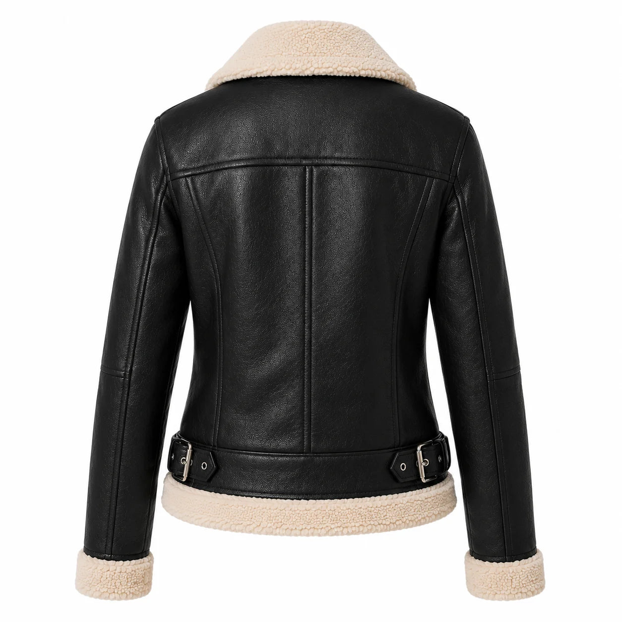 Back view of black vegan leather biker jacket showing faux shearling trim