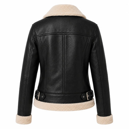 Back view of black vegan leather biker jacket showing faux shearling trim