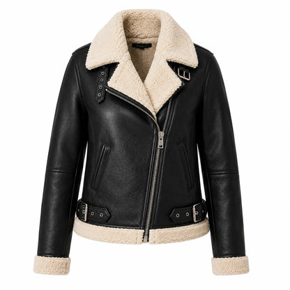 Woman wearing black vegan leather moto jacket with ivory faux shearling collar and sunglasses