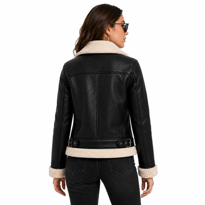 Back view of woman wearing black faux shearling moto jacket with belted waist