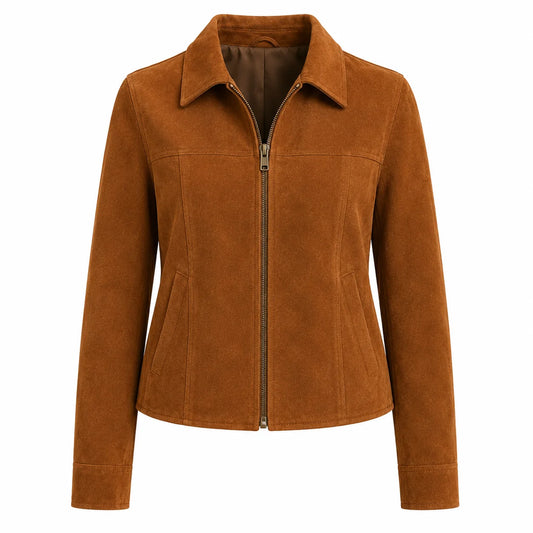 Women's caramel suede structured leather jacket, front view