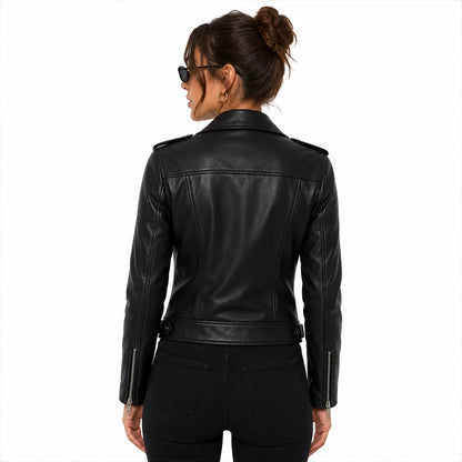 Back view of a woman wearing a black celebrity inspired leather biker jacket with fitted silhouette