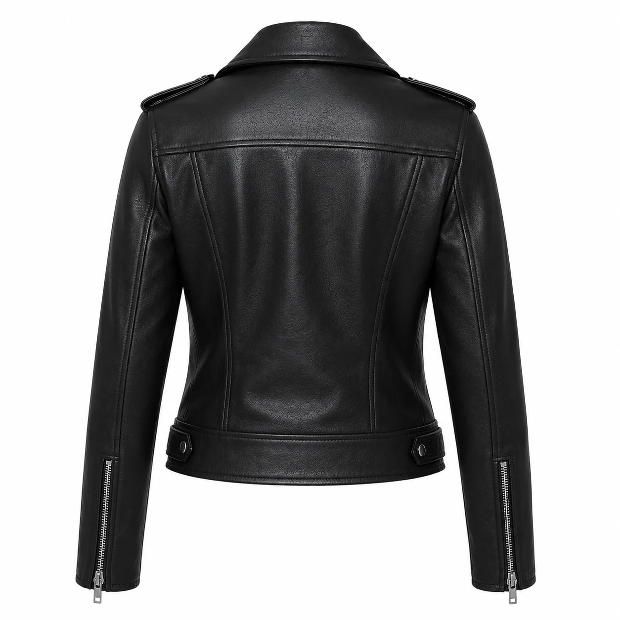 Back view of a black celebrity inspired women's leather biker jacket showing tailored stitching and fitted design.