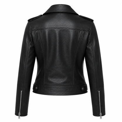 Back view of a black celebrity inspired women's leather biker jacket showing tailored stitching and fitted design.