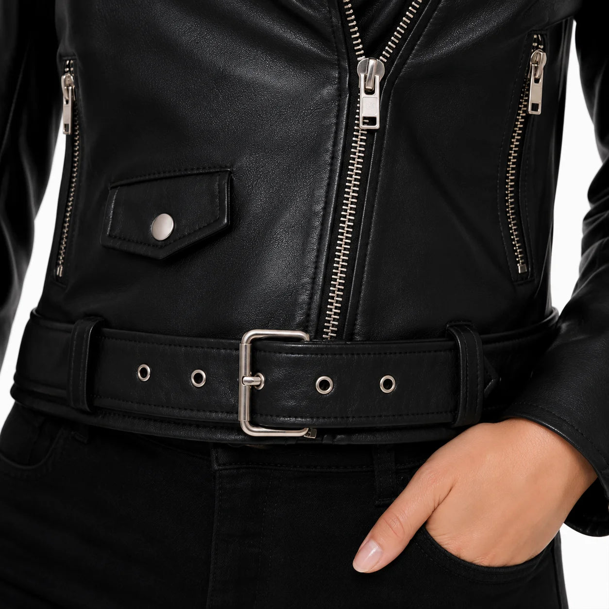 Close-up of the belt, buckle, silver hardware, and waist detail on a women's black celebrity inspired leather biker jacket.