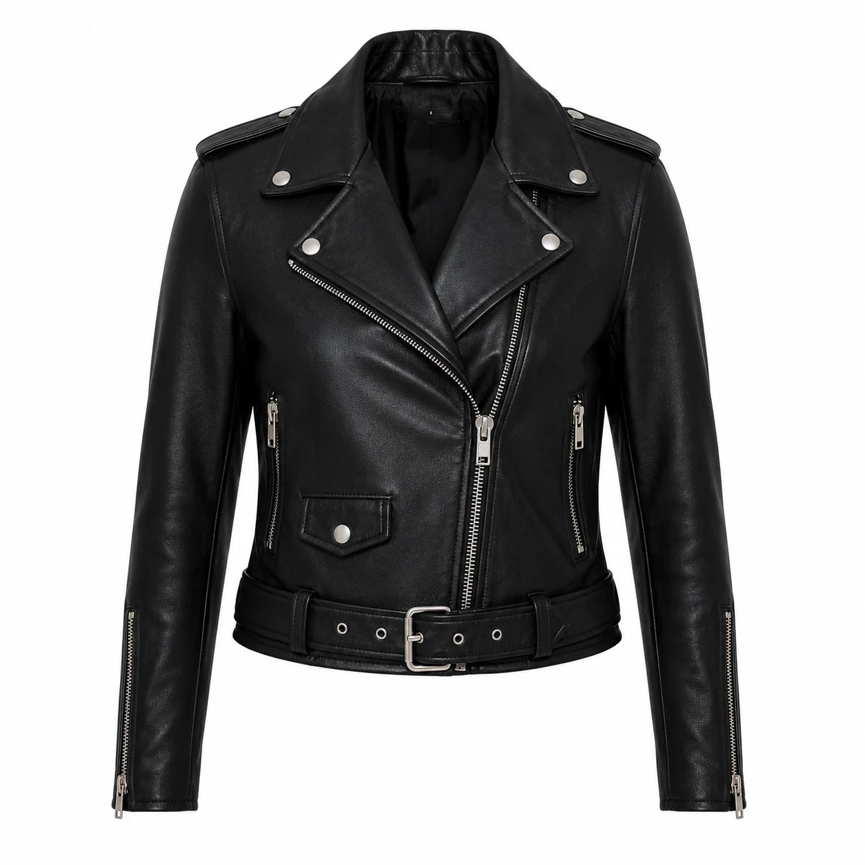 Front view of a black celebrity inspired women's leather biker jacket.