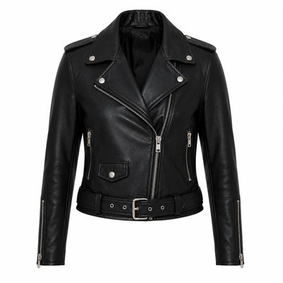 Front view of a black celebrity inspired women's leather biker jacket.