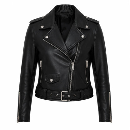 Front view of a black celebrity inspired women's leather biker jacket.