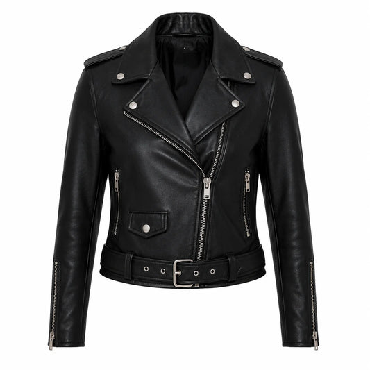 Front view of a black celebrity inspired women's leather biker jacket.