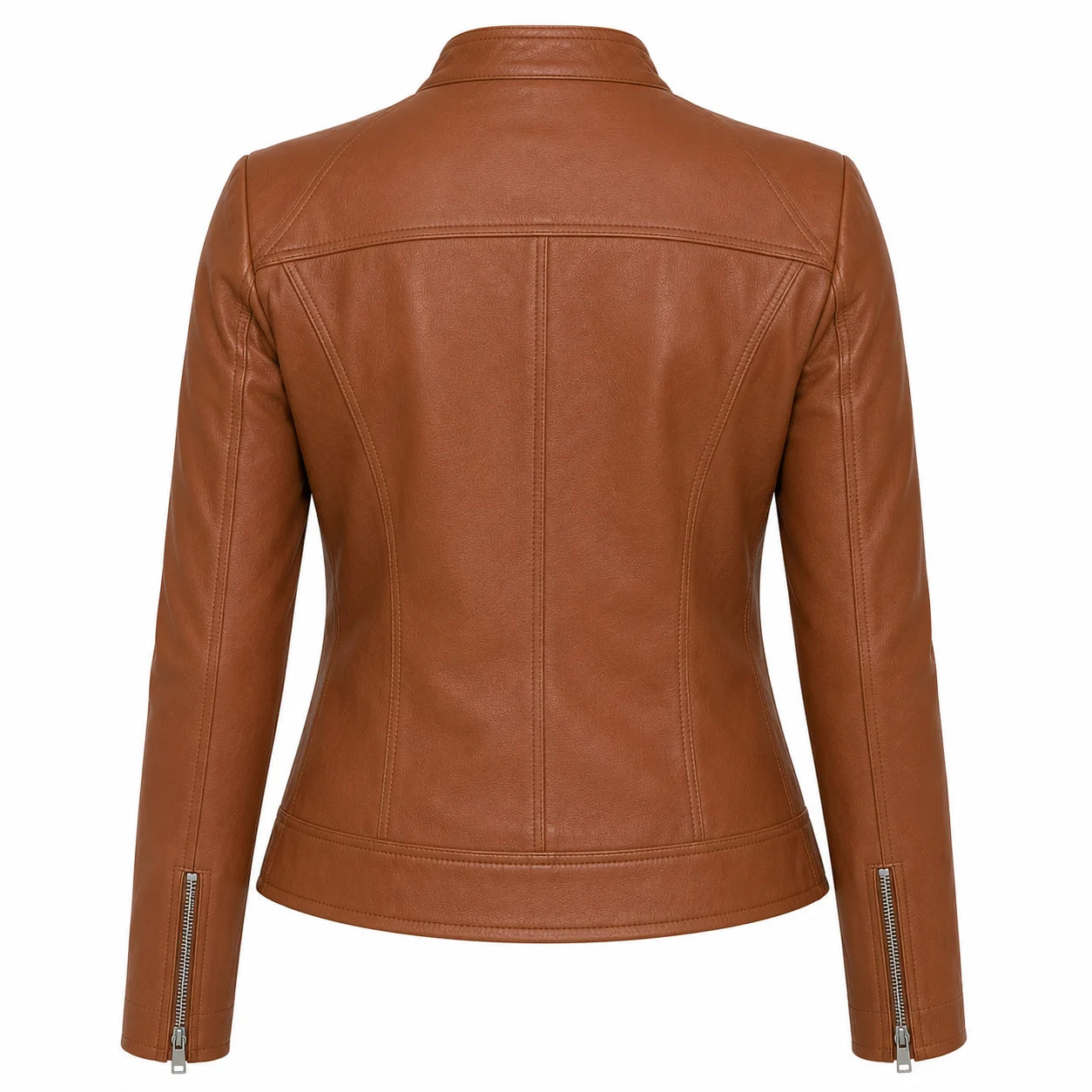 Women's cognac slim-fit café racer leather jacket, stand collar, back view