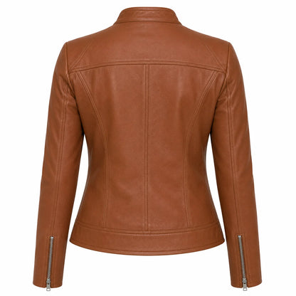 Women's cognac slim-fit café racer leather jacket, stand collar, back view