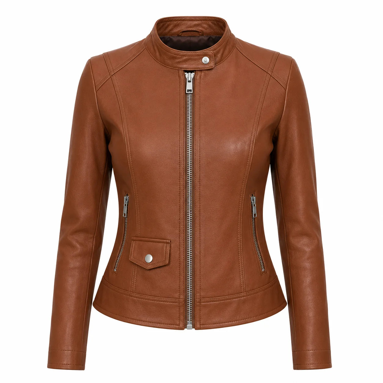 Women's cognac slim-fit café racer leather jacket, stand collar, front view
