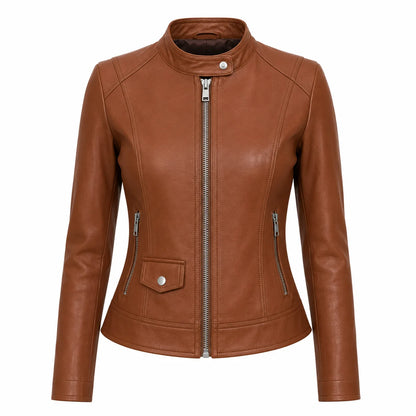 Women's cognac slim-fit café racer leather jacket, stand collar, front view