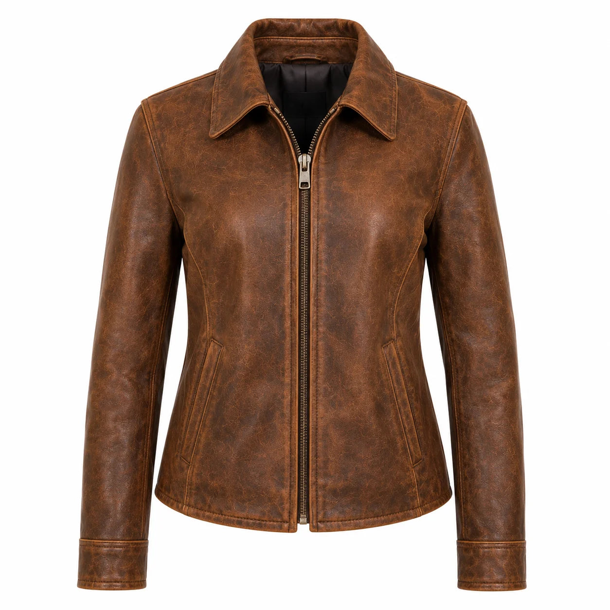 Women's natural patina vintage leather jacket, full-grain cowhide, front view