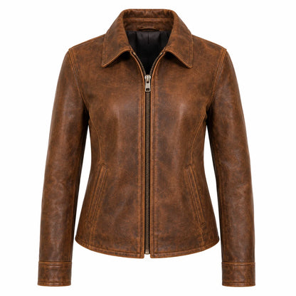 Women's natural patina vintage leather jacket, full-grain cowhide, front view