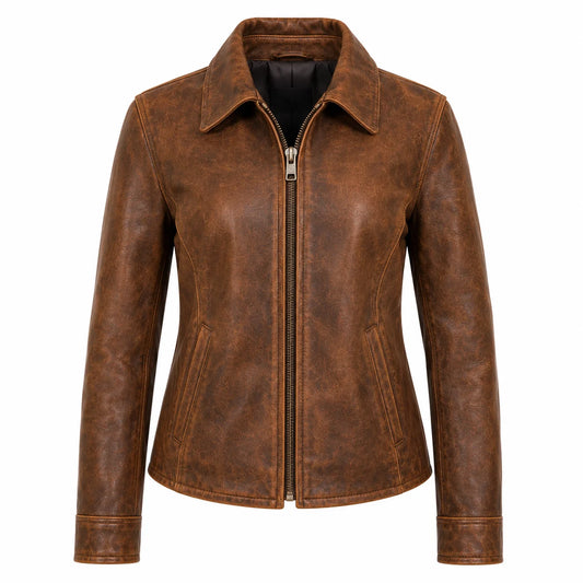 Women's natural patina vintage leather jacket, full-grain cowhide, front view