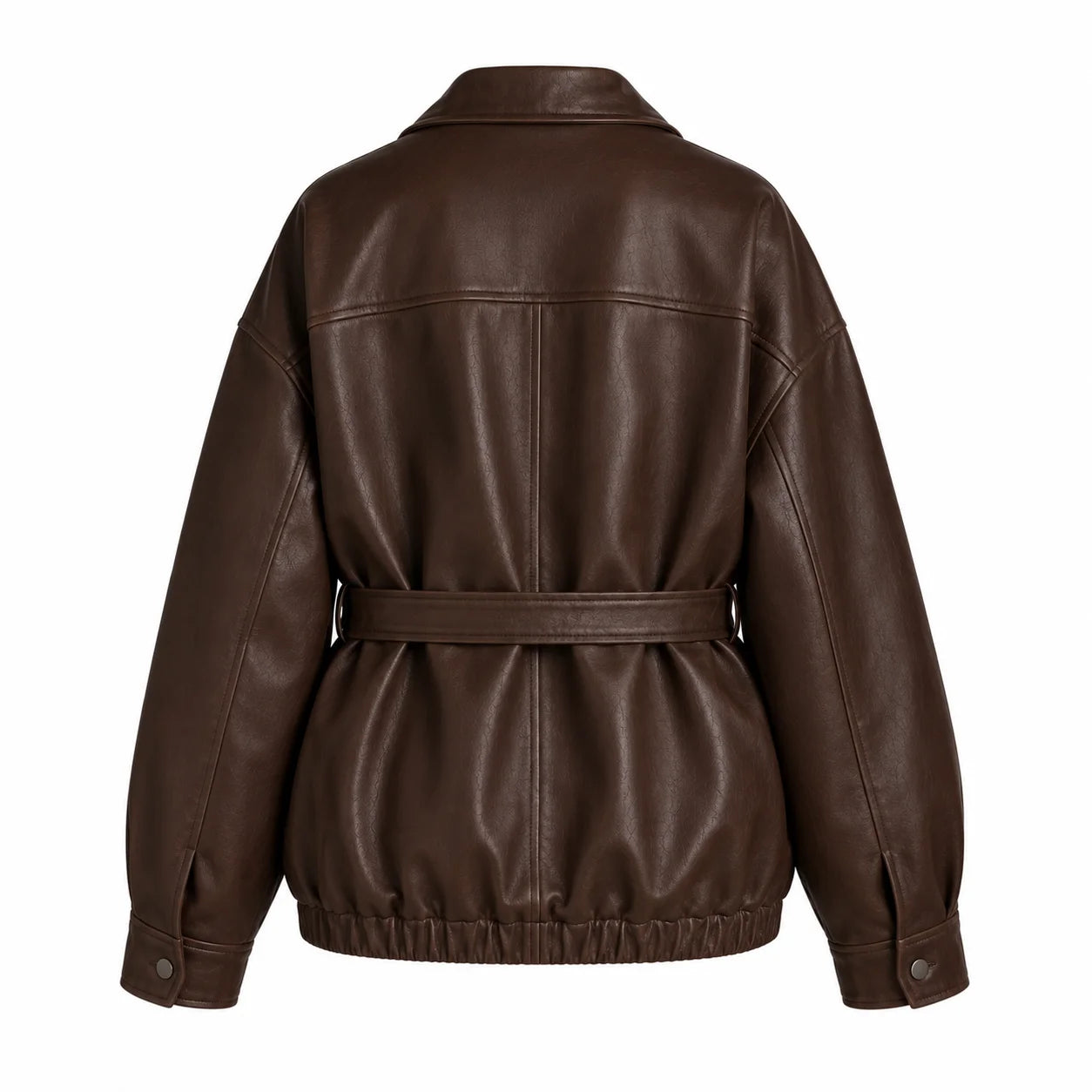 Chocolate brown leather jacket for women, relaxed oversized fit, back view