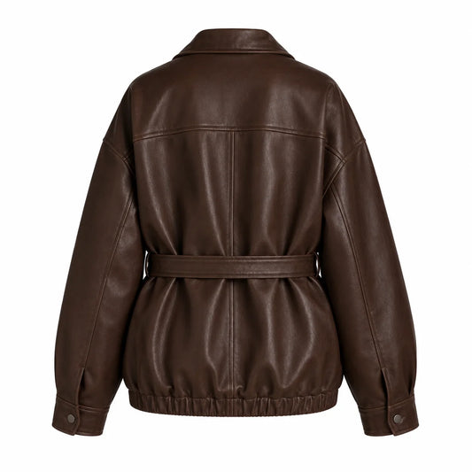 Chocolate brown leather jacket for women, relaxed oversized fit, back view