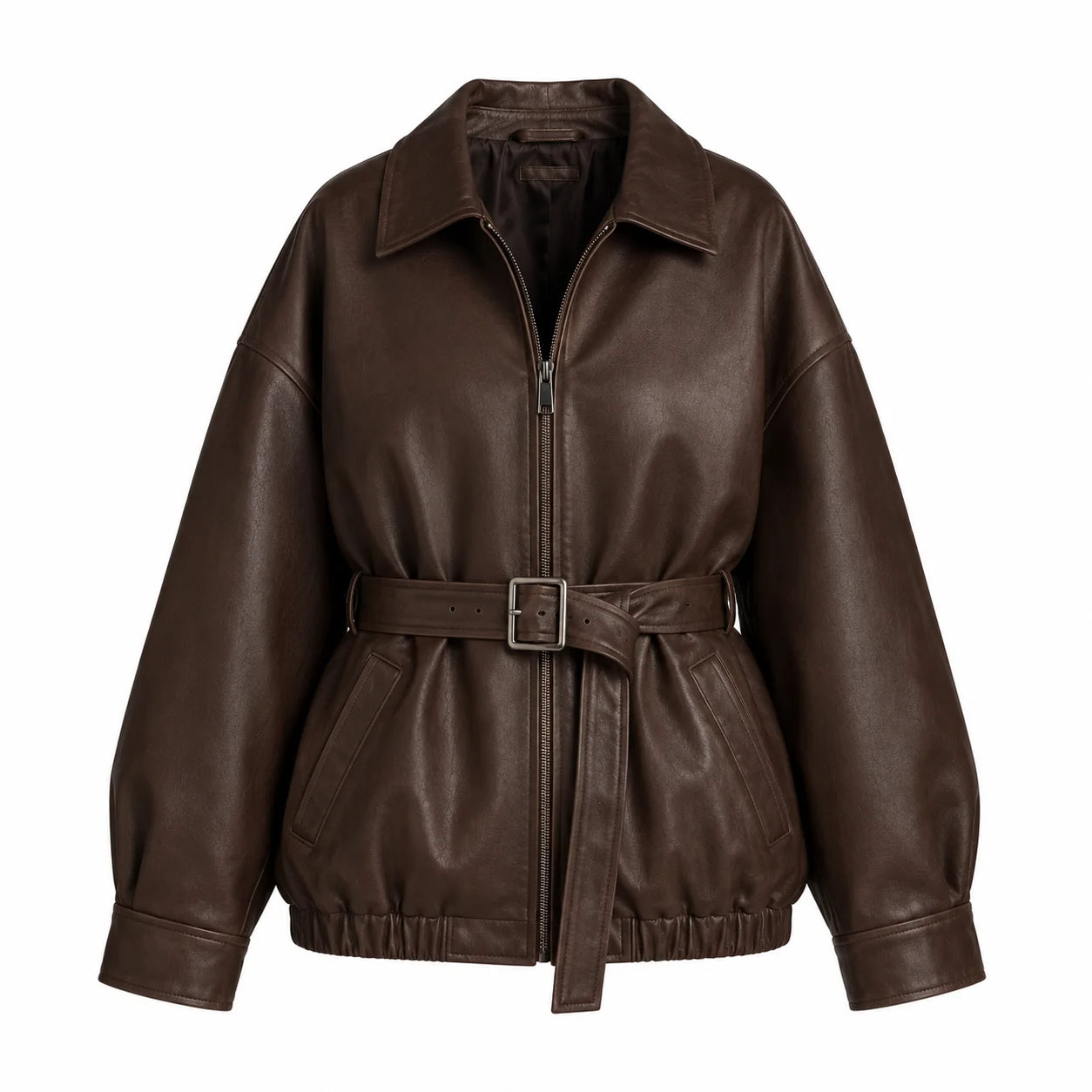 Women's oversized chocolate brown leather jacket, matte lambskin, front view