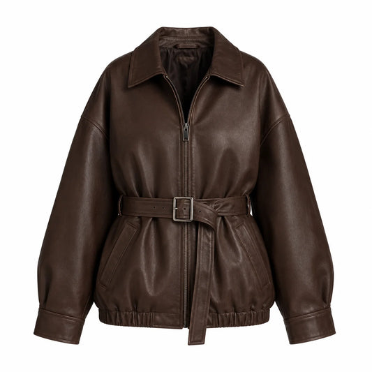 Women's oversized chocolate brown leather jacket, matte lambskin, front view