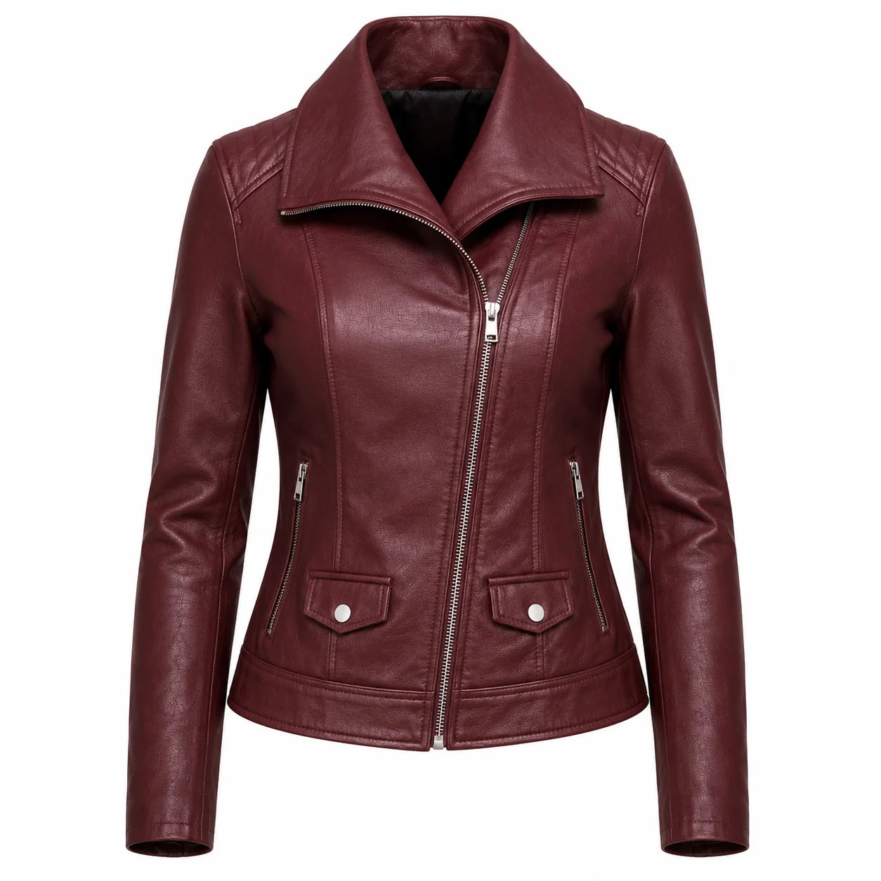 Women's wine red lambskin moto jacket, front view, showing asymmetrical zip and oversized lapel collar