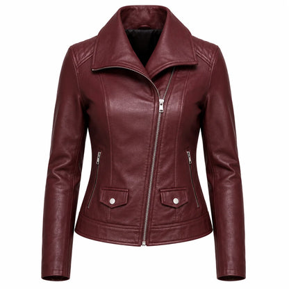 Women's wine red lambskin moto jacket, front view, showing asymmetrical zip and oversized lapel collar