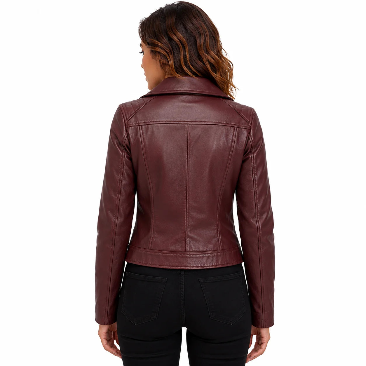 Back view of woman wearing wine red lambskin moto jacket, tailored fit with black jeans