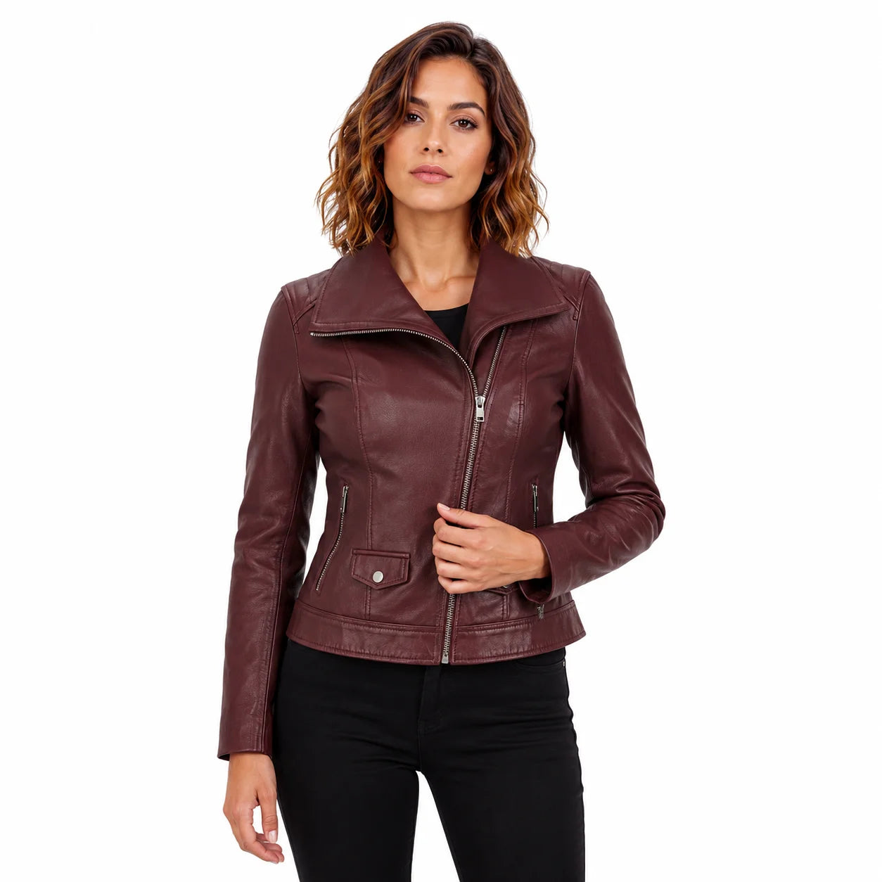 Woman wearing a wine red lambskin leather moto jacket styled with black jeans, front view