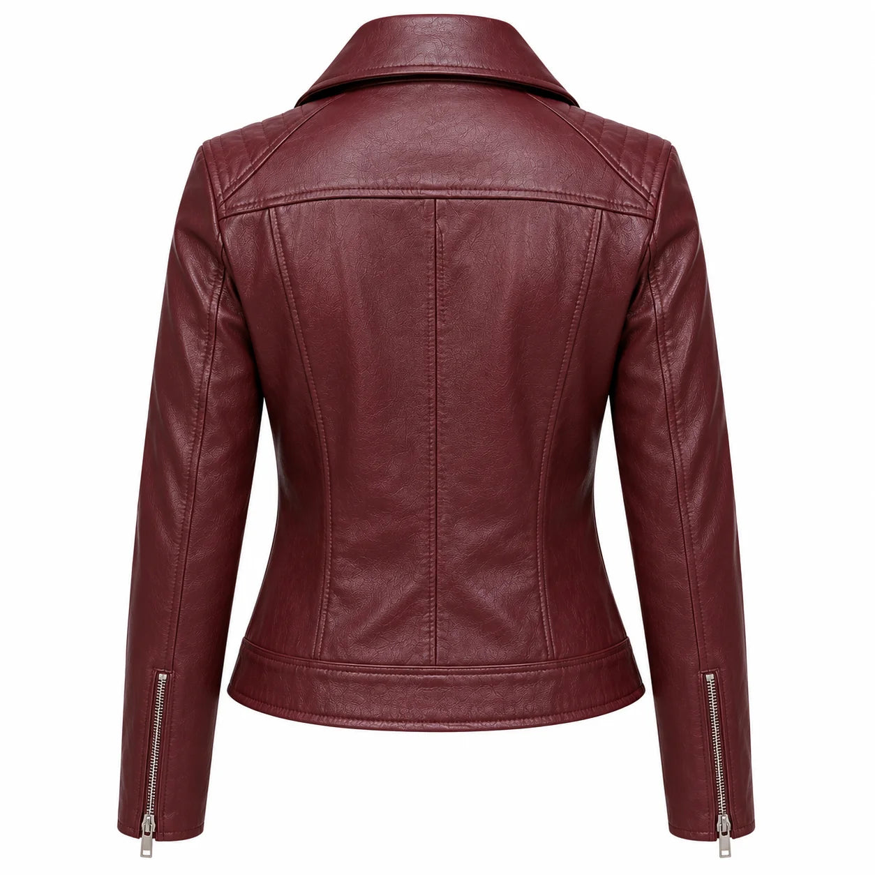 Back view of women's wine red lambskin moto jacket showing tailored back panels and zip cuff detail