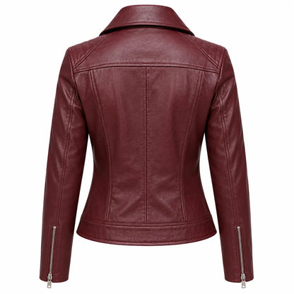 Back view of women's wine red lambskin moto jacket showing tailored back panels and zip cuff detail