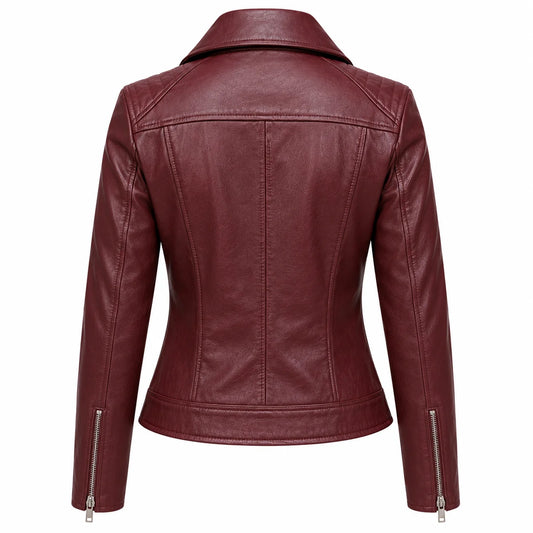 Back view of the Women's Wine Red Moto Leather Jacket showcasing its tailored silhouette and smooth genuine leather finish.