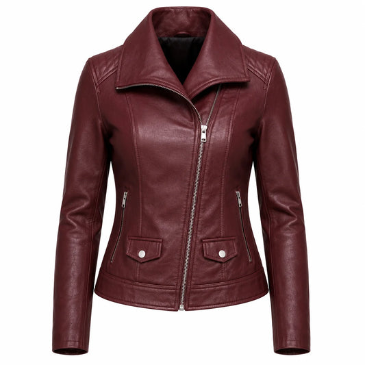 Front view of the Women's Wine Red Moto Leather Jacket featuring premium genuine leather, an asymmetrical front zipper, and an oversized lapel collar.