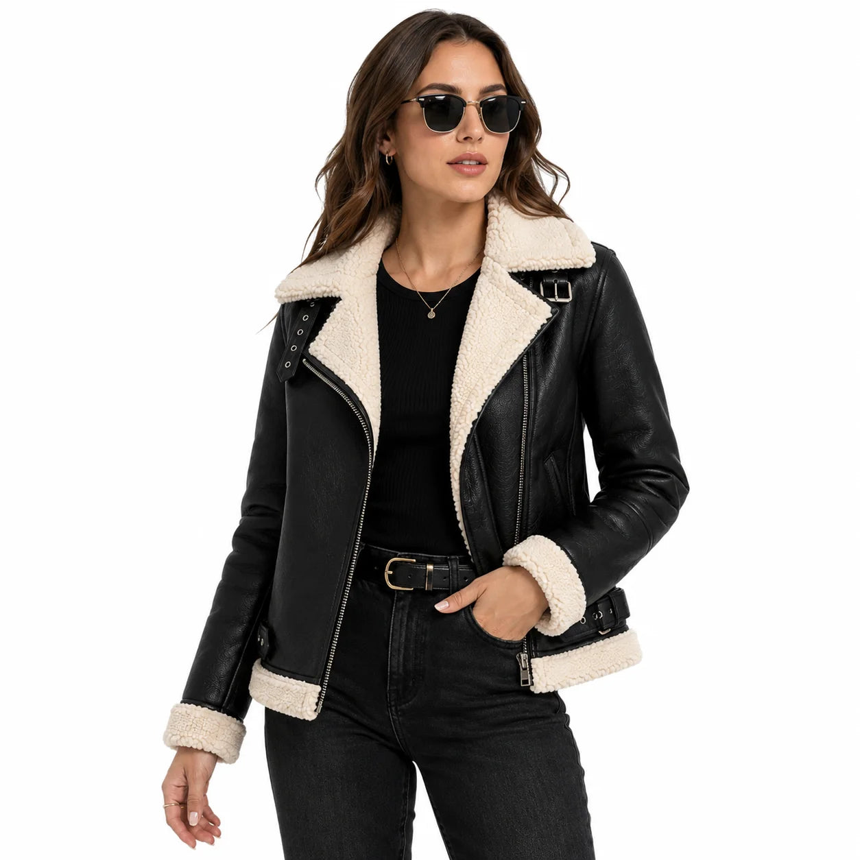 Woman wearing black vegan leather moto jacket with ivory faux shearling collar and sunglasses