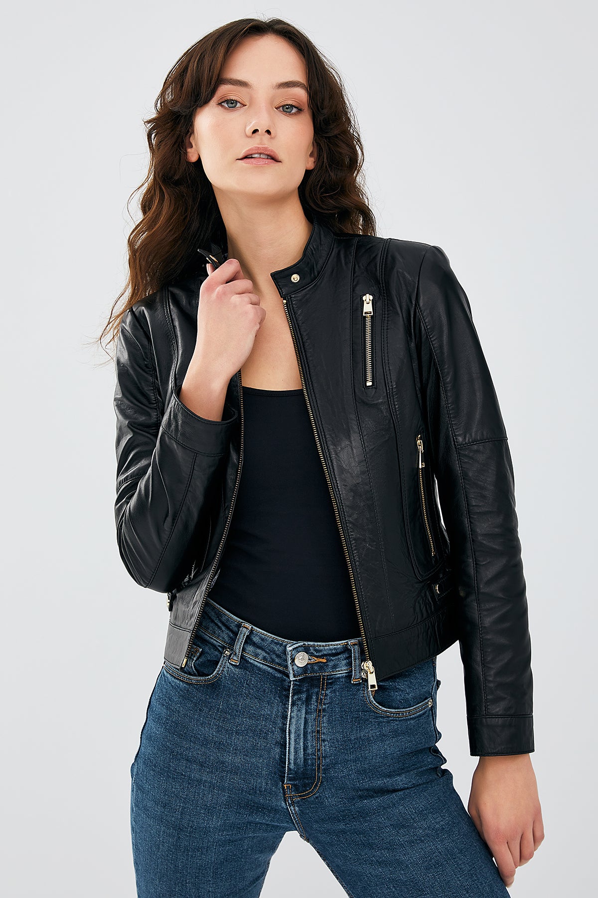 Black Women's Leather Stretch-Fit Biker Jacket