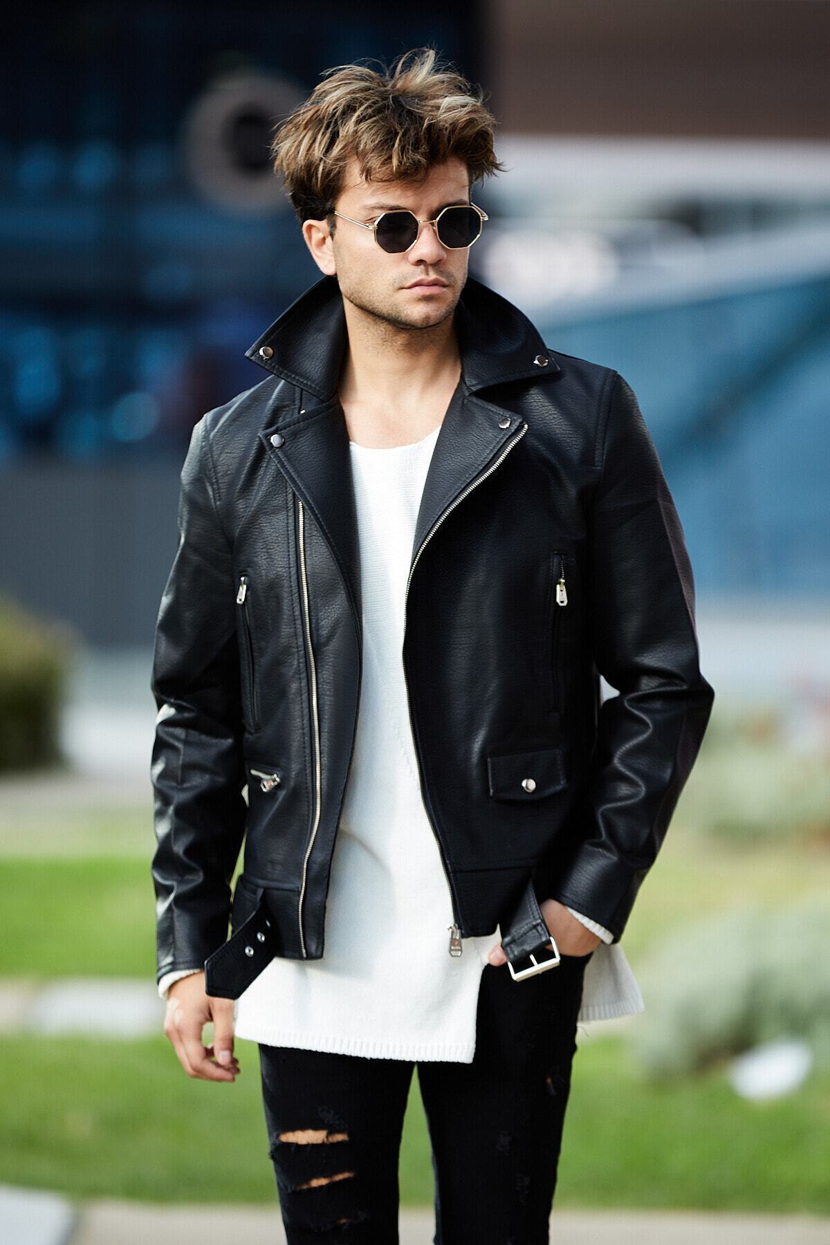 Men’s Stylish Black Leather Bomber Jacket with Asymmetrical Zipper