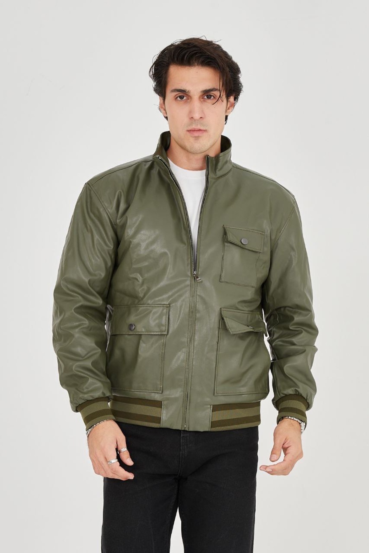 Mens Olive Green Leather Bomber Jacket with Pockets