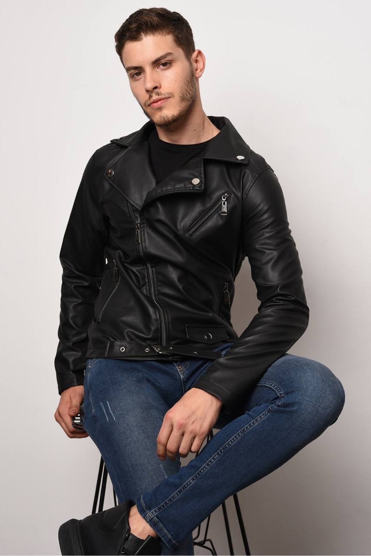 Vogue Men’s Black Bomber Zipper Leather Jacket with Belt