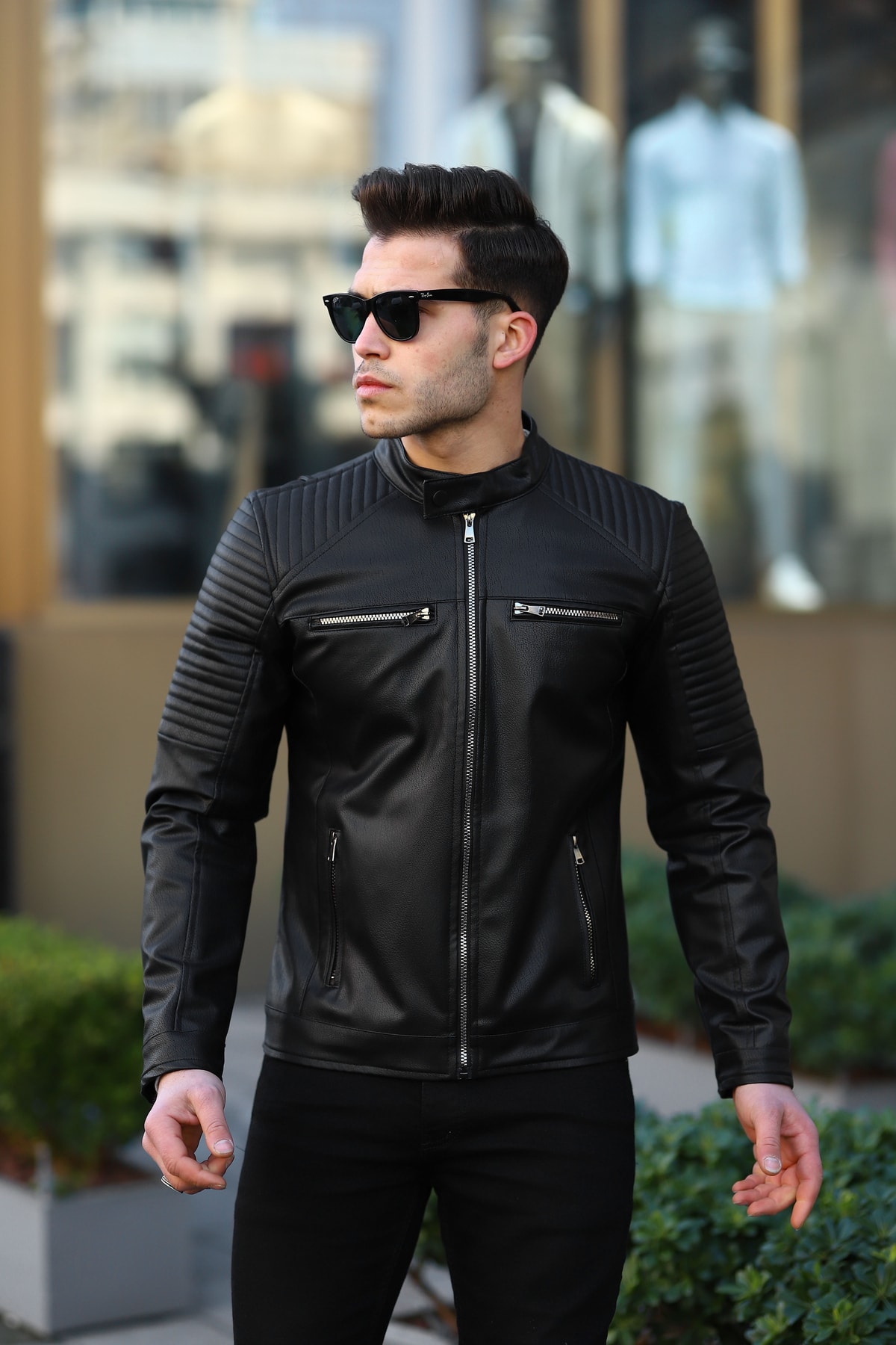 Dynamo Men’s Black Moto Leather Jacket with Crest Design