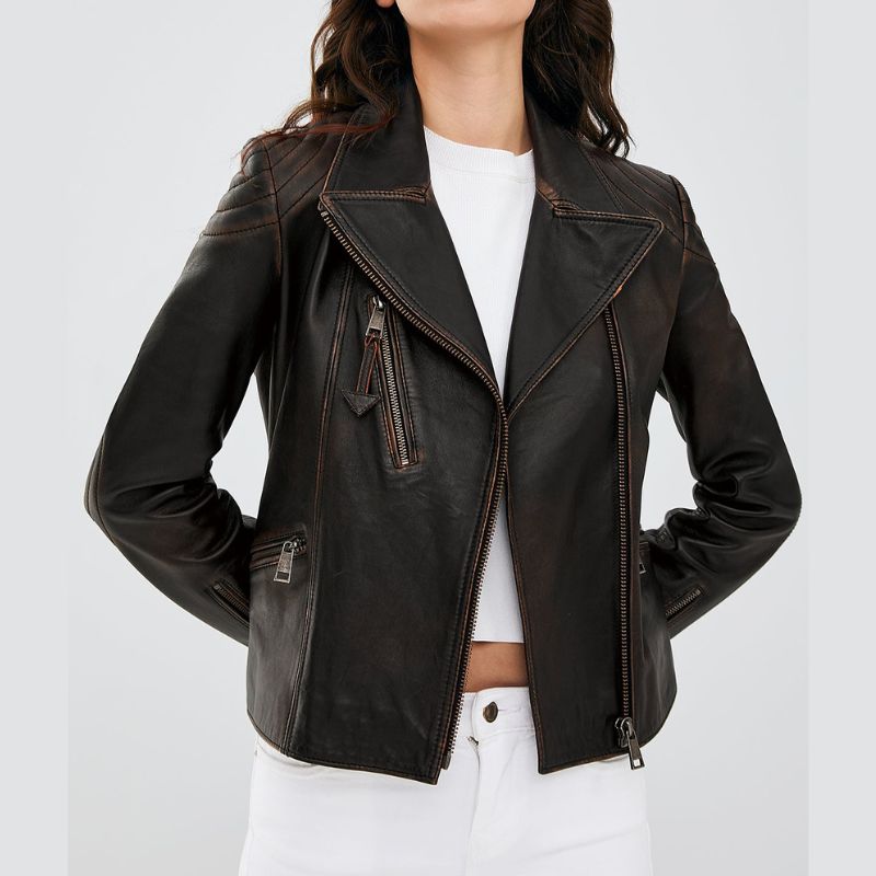 Vintage Brown Leather Jacket Womens With Asymmetrical Zipper