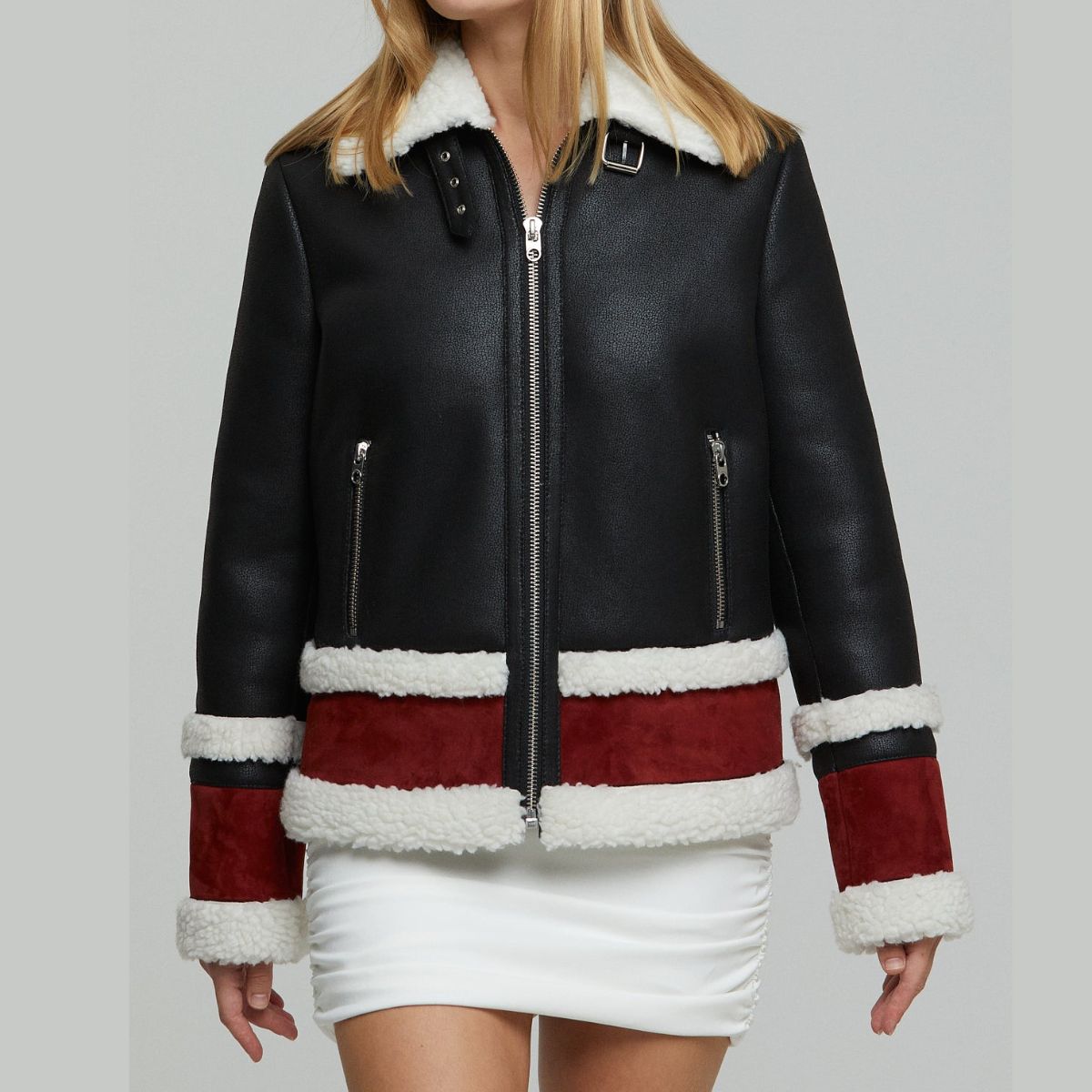 Black Leather Shearling Jacket for Women with Fur