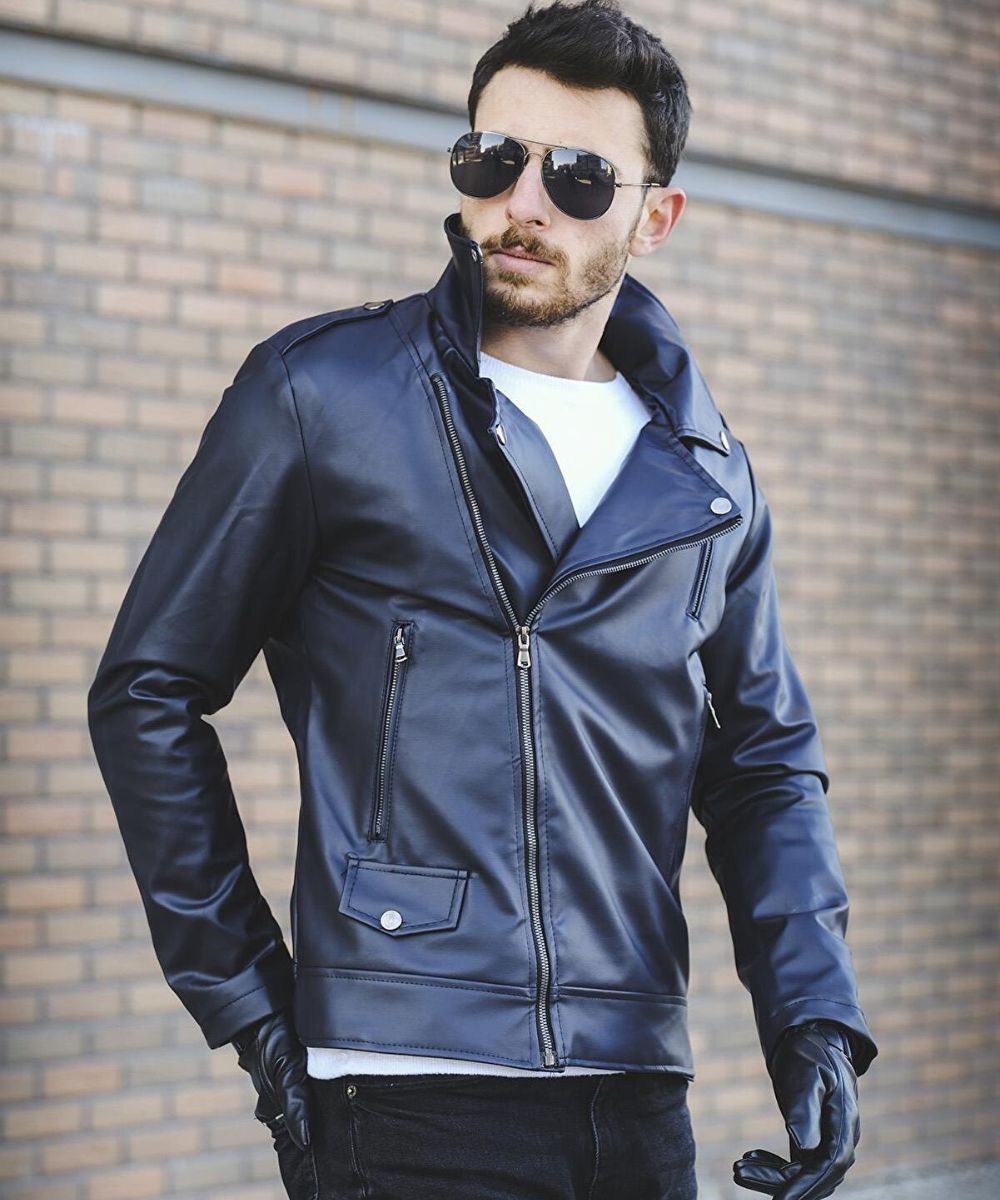 Ember Men’s Blue Biker Asymmetrical Zipper Leather Jacket