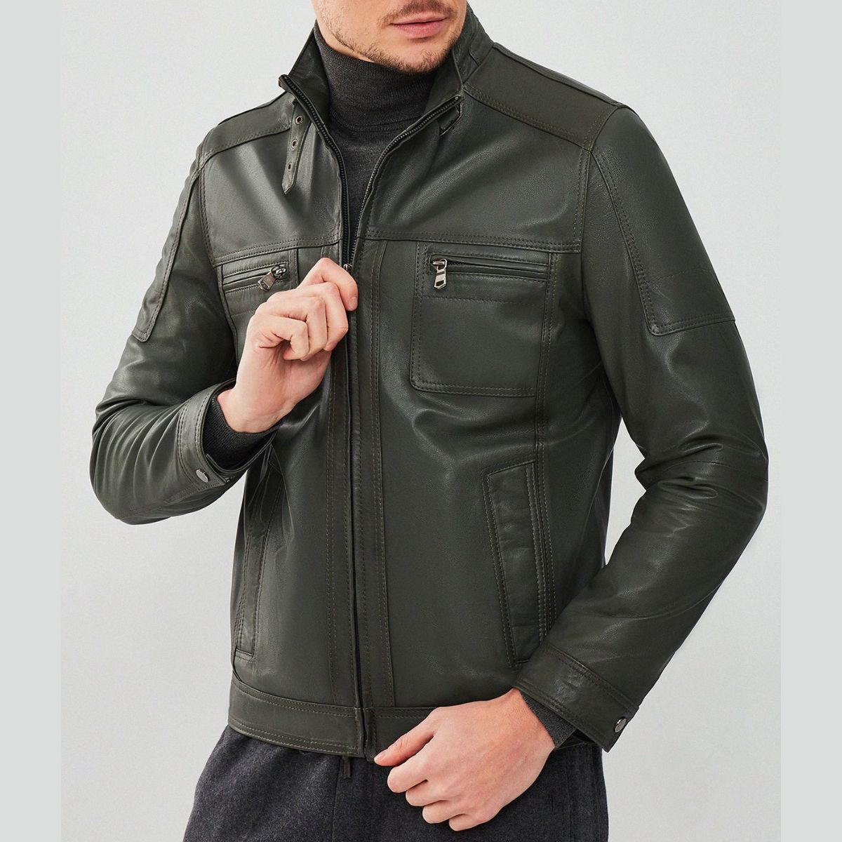 Dark Green Leather Jacket Mens