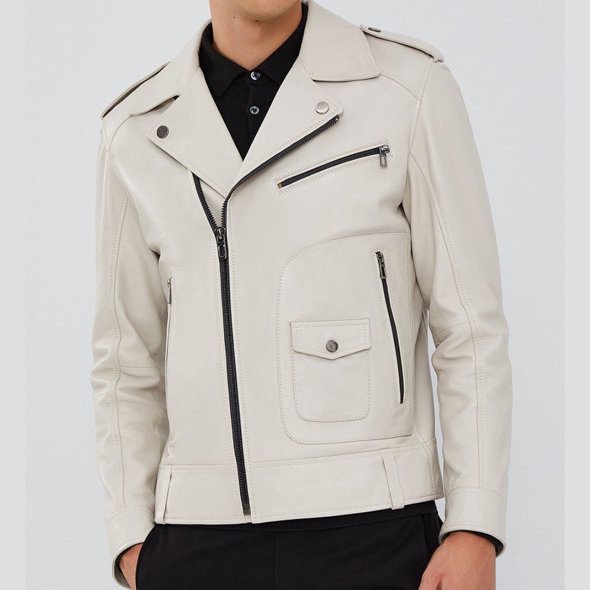 Callis Men’s White Bomber Biker Leather Jacket