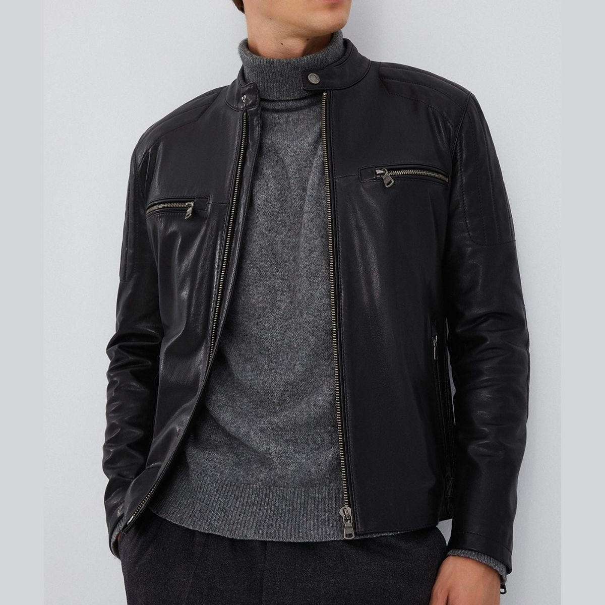 Sleek Zipper Style Cafe Racer Leather Moto Jacket Mens